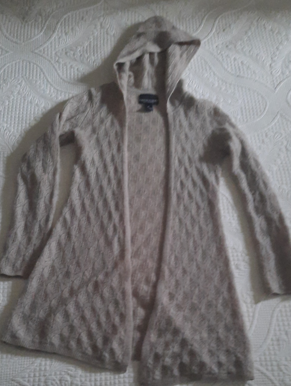 100% Cashmere Hooded Cable Knit Long Length Open Cardigan - Taupe Beige